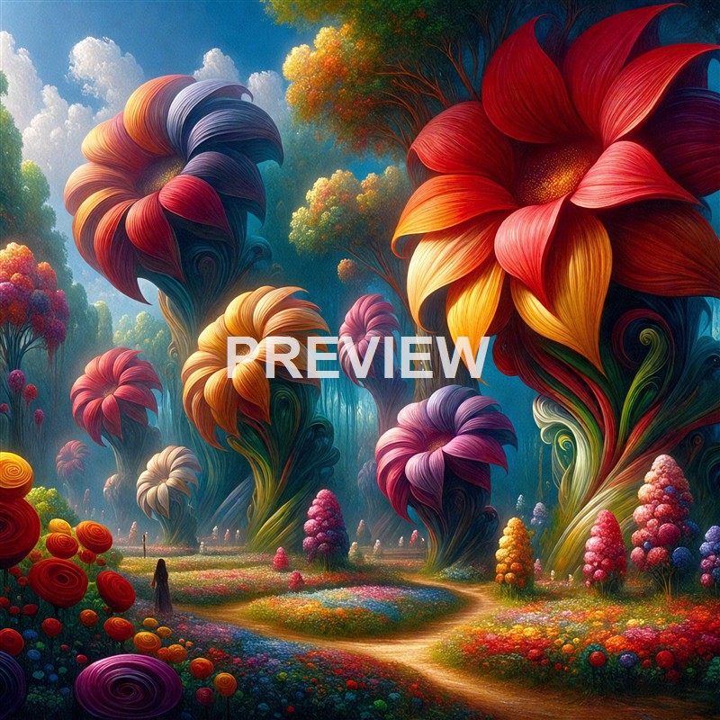 A fantastical landscape featuring oversized, swirling, colorful flowers and trees with vibrant, abstract shapes under a bright sky with clouds.